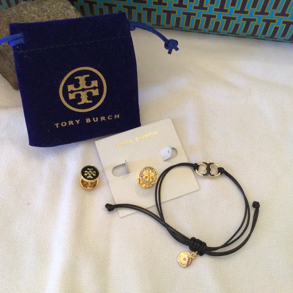 Tory Burch 2fer EUC++ Reversible Earrings Black & Embrace Ambition Bracelet